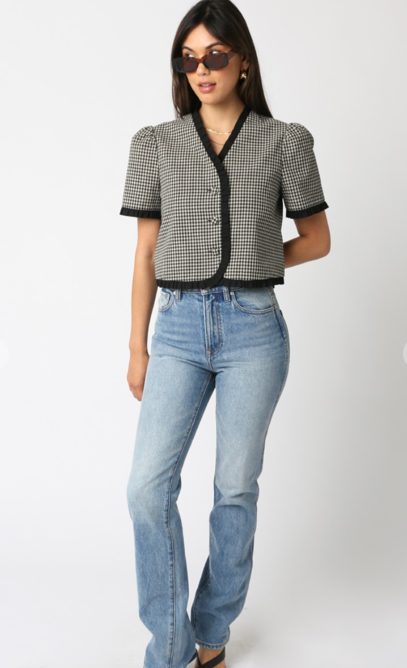 Black Checker Ruffle Button Top