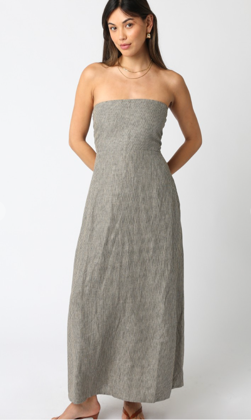 Taupe Strapless Stripe Linen Dress