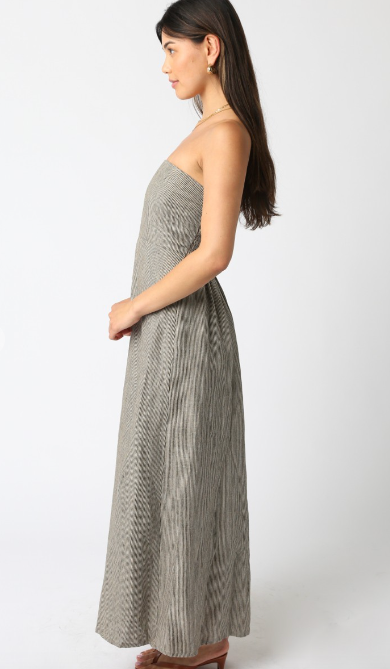 Taupe Strapless Stripe Linen Dress