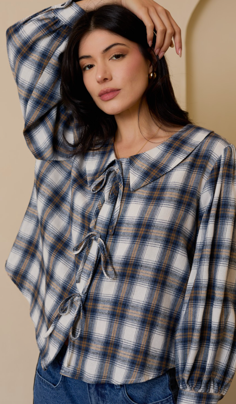 Plaid Peter Pan Collar Front Ties Top