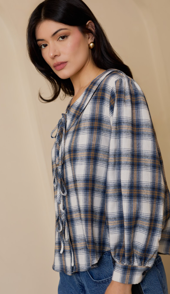 Plaid Peter Pan Collar Front Ties Top