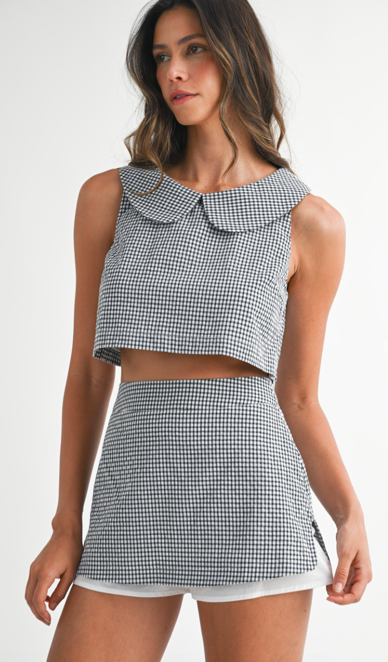 Black Gingham Collar Top & Skirt Set of 2