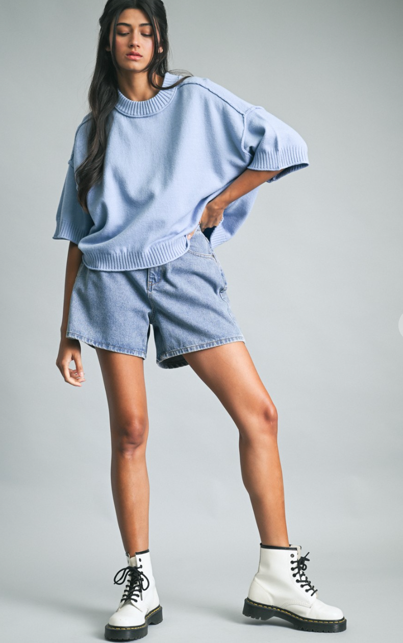 Drop Shoulder Knit Crewneck Blue