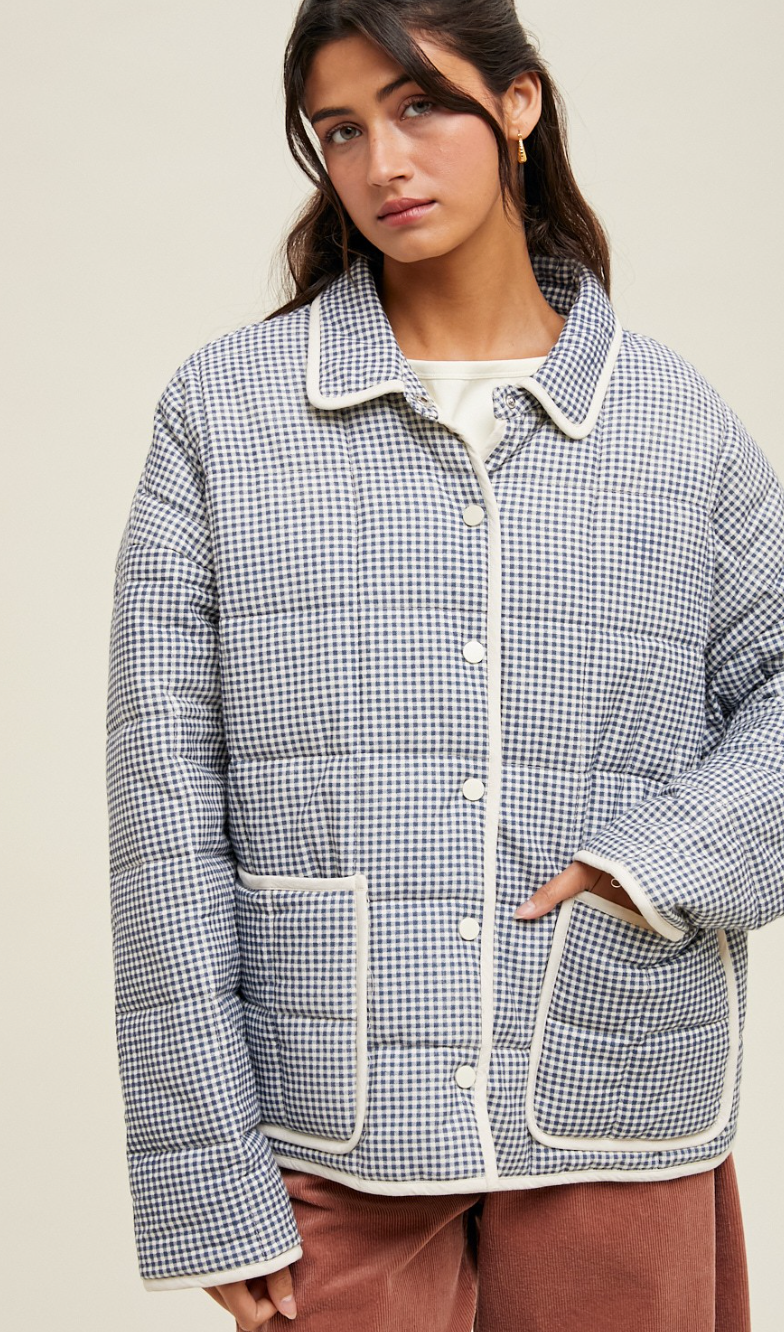 Blue/Cream Front Pocket Gingham Jacket