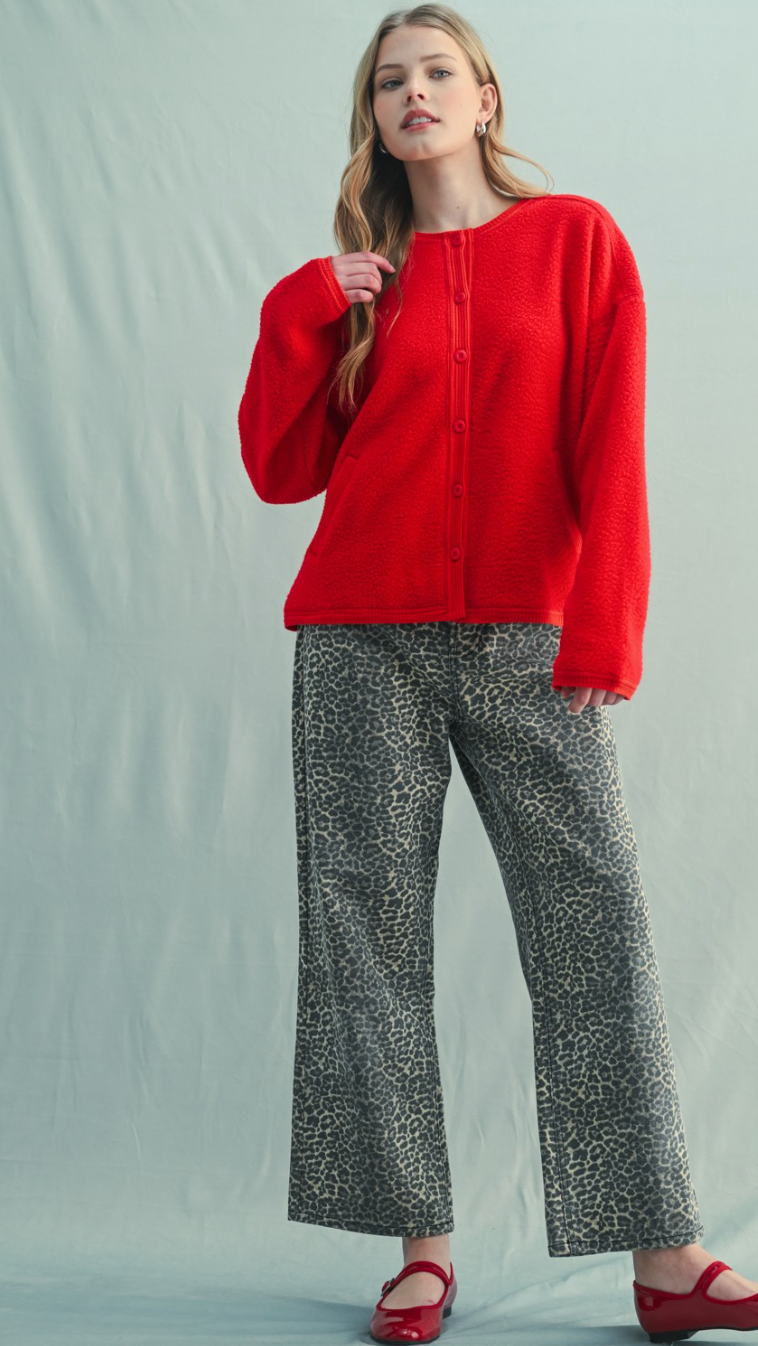 Sherpa Button Up Jacket Red