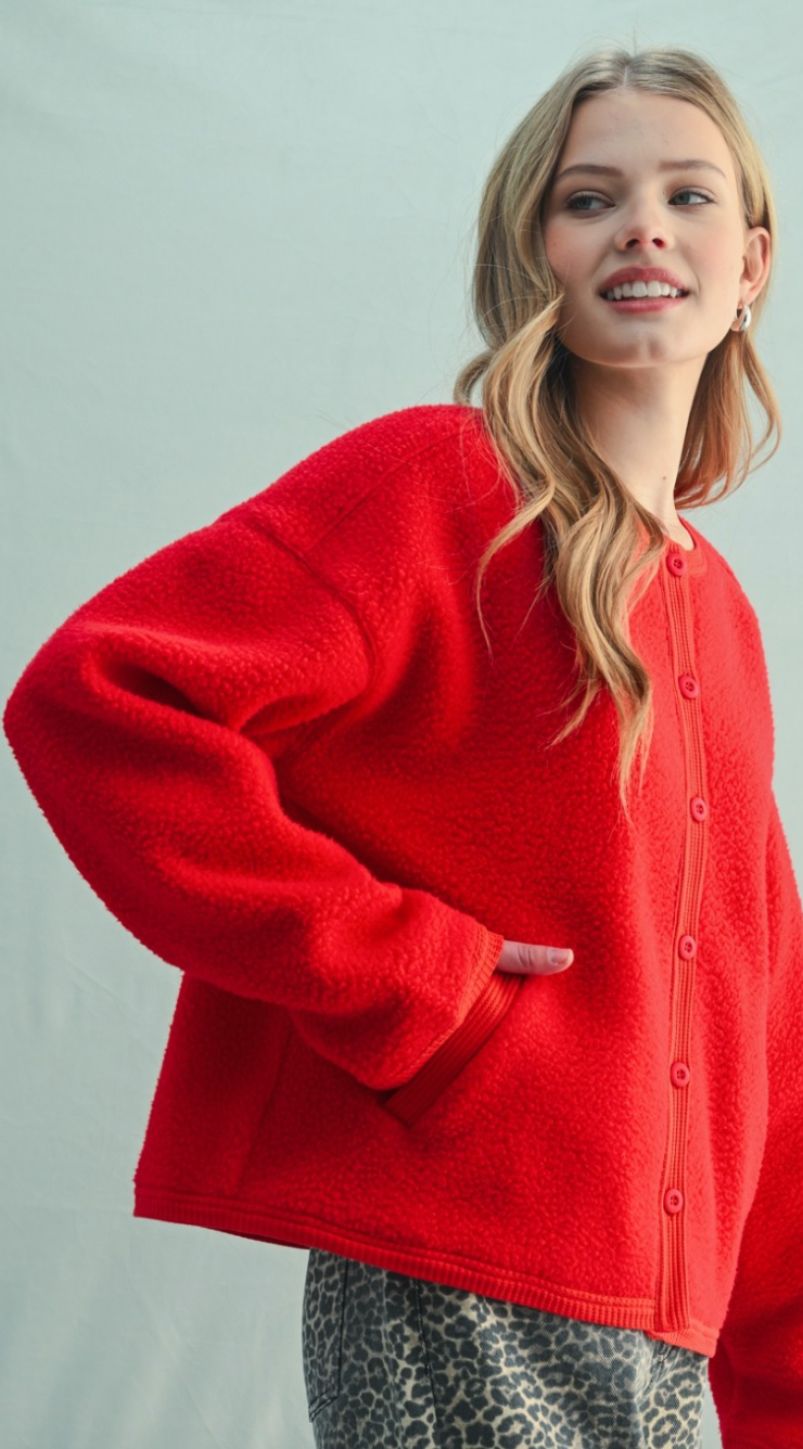 Sherpa Button Up Jacket Red