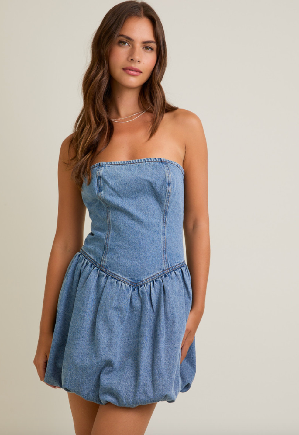 Denim Bubble Hem Strapless Dress