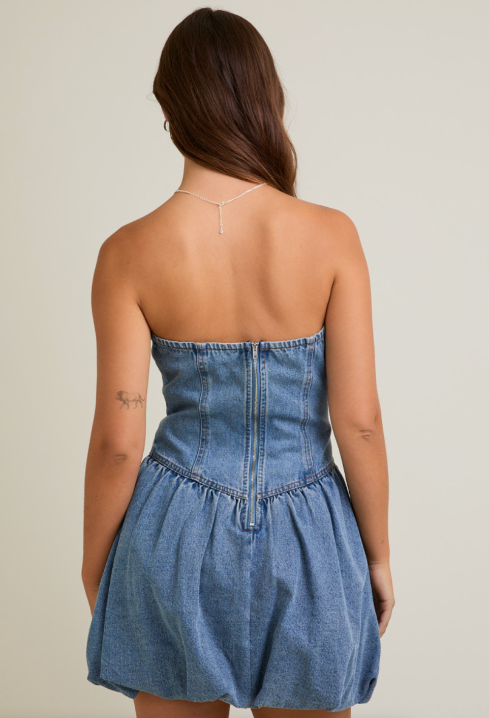 Denim Bubble Hem Strapless Dress