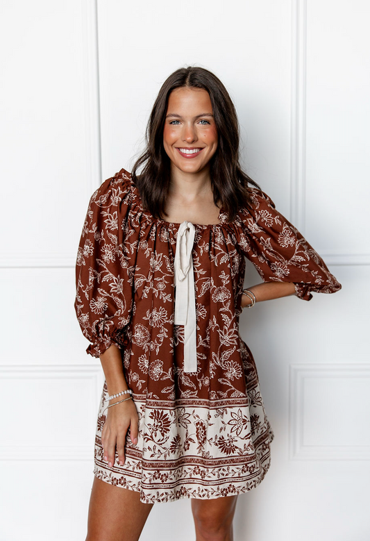 Catlyn Brown Printed Tie Dress
