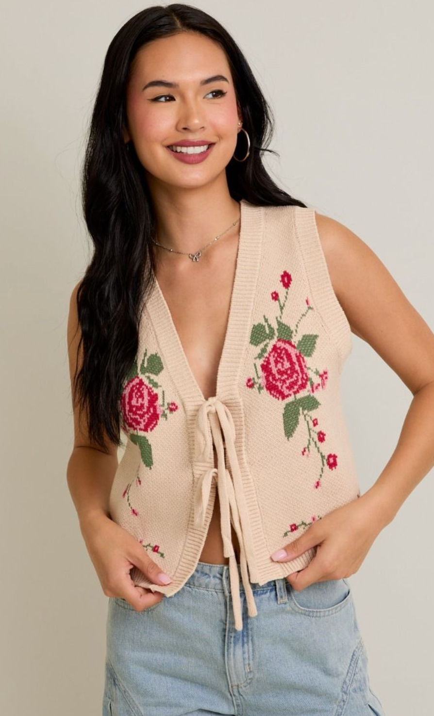 Roses Knit Tie Vest