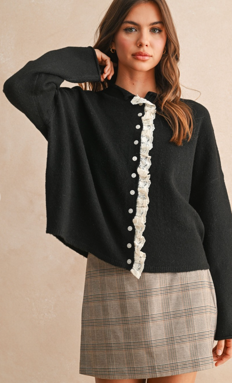 Lace Ruffle Edge Cardigan Black