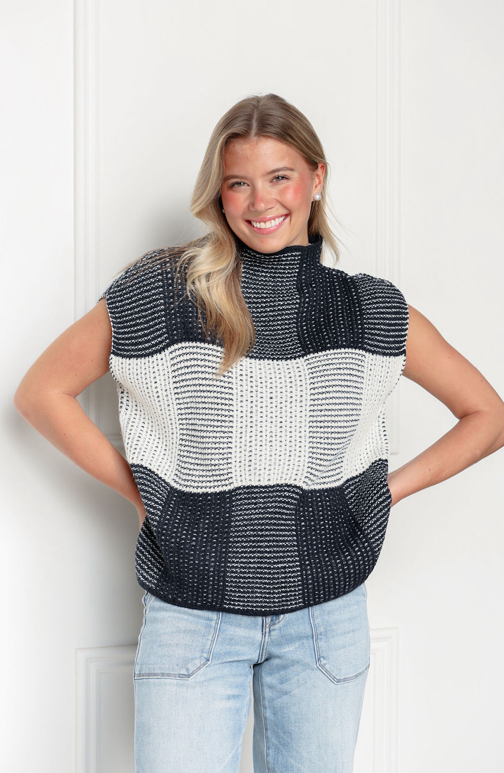 Cream/Black Wide Shoulder Sweater Top
