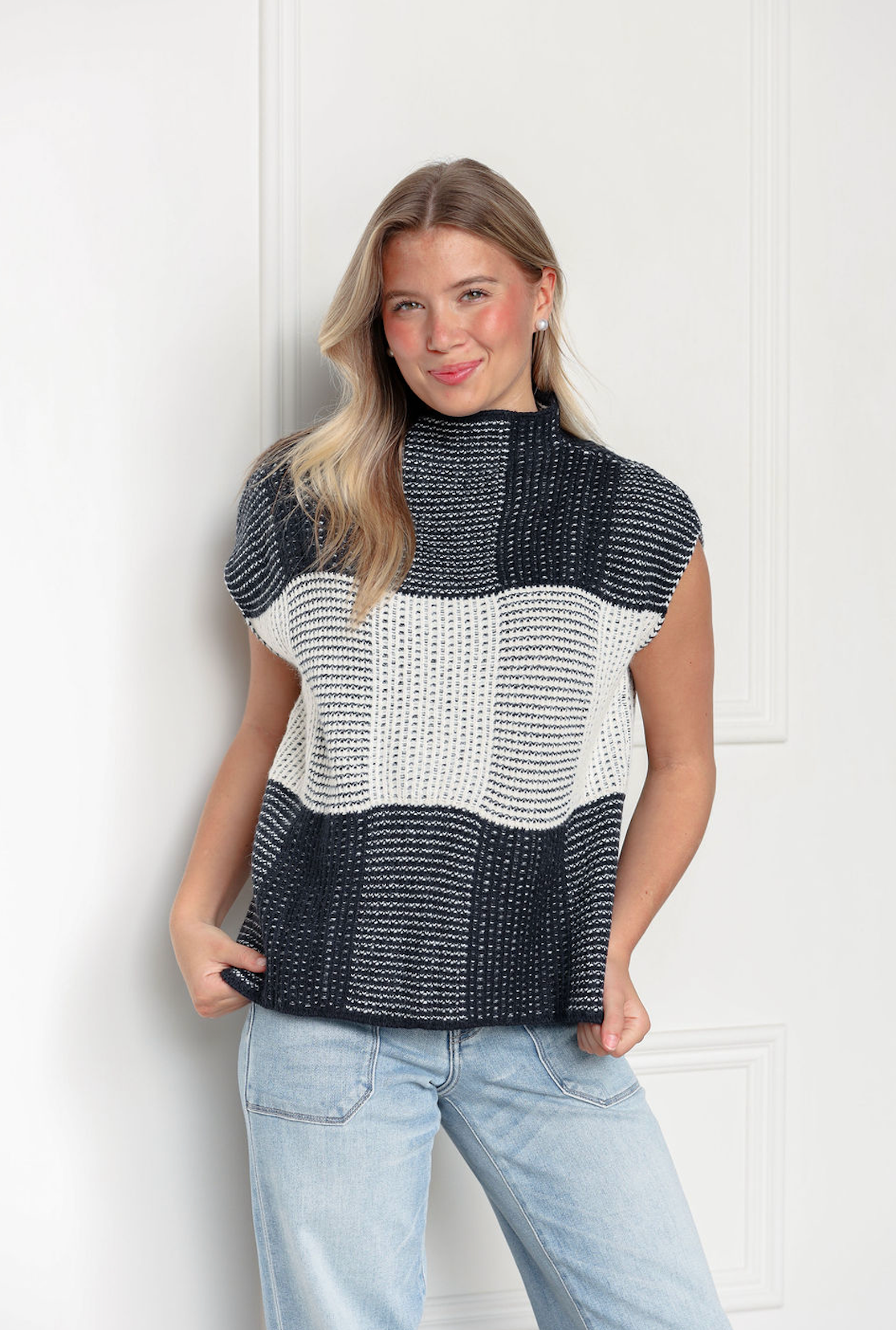 Cream/Black Wide Shoulder Sweater Top
