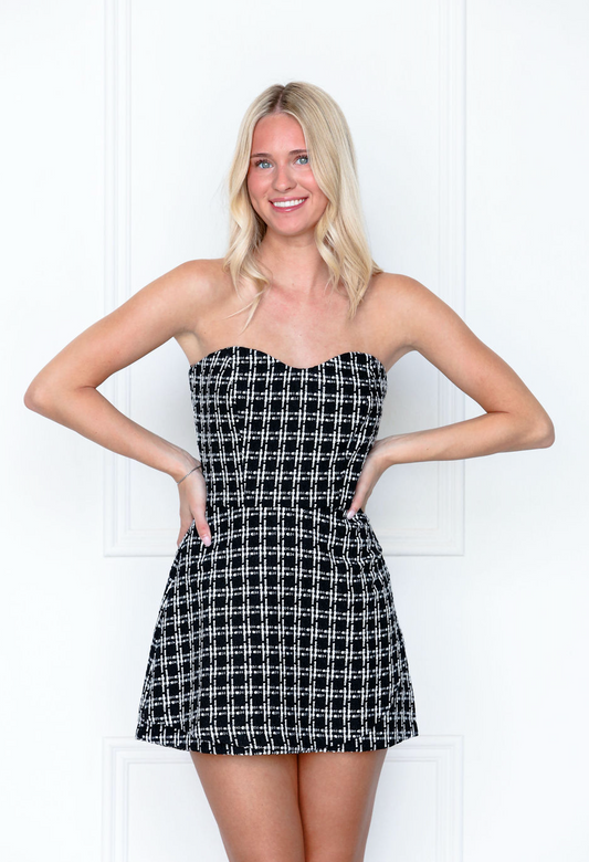 Tweed Wrap Front Mini Dress Black