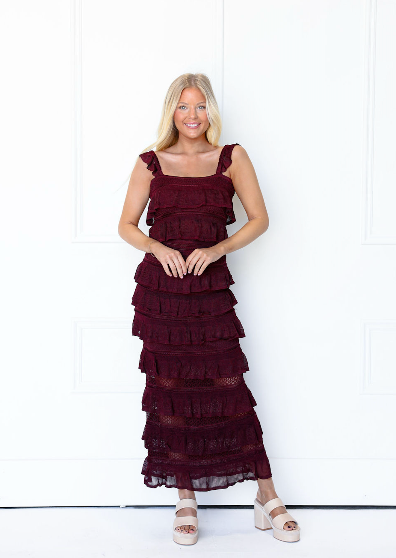 Ruffle Tiered Knit Top & Skirt Set Of 2 Wine