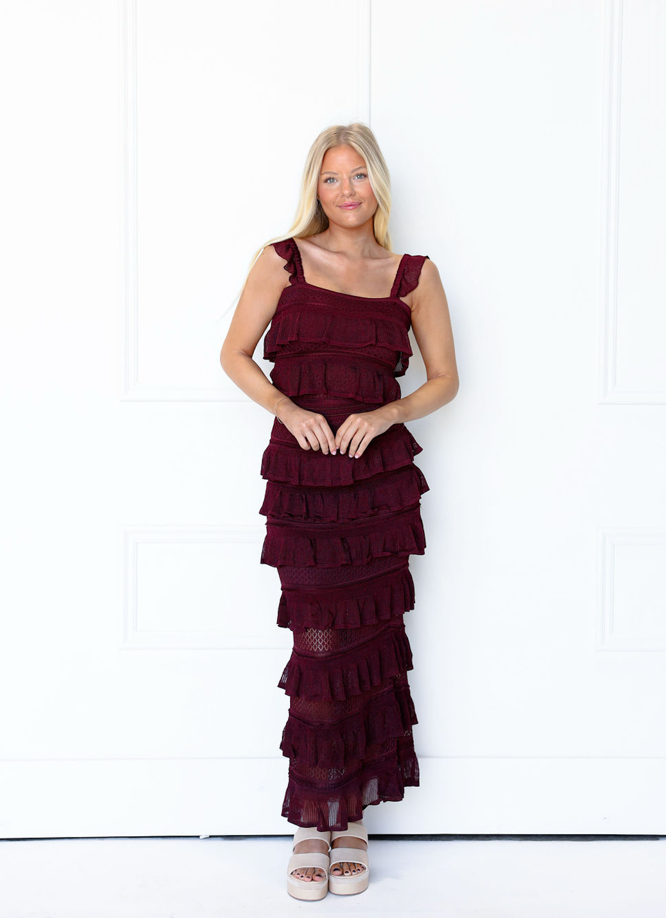 Ruffle Tiered Knit Top & Skirt Set Of 2 Wine