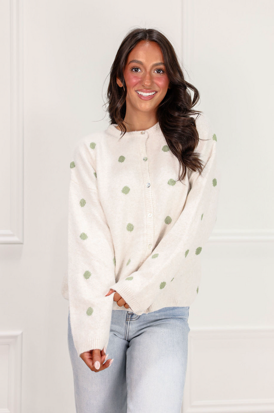 Polka Dot Cardigan Sweater Ivory/Sage - Clothe Boutique