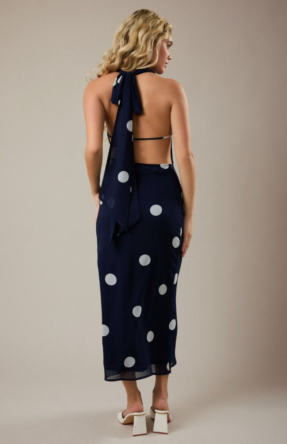 Navy Polka Dot Cowl Midi Dress