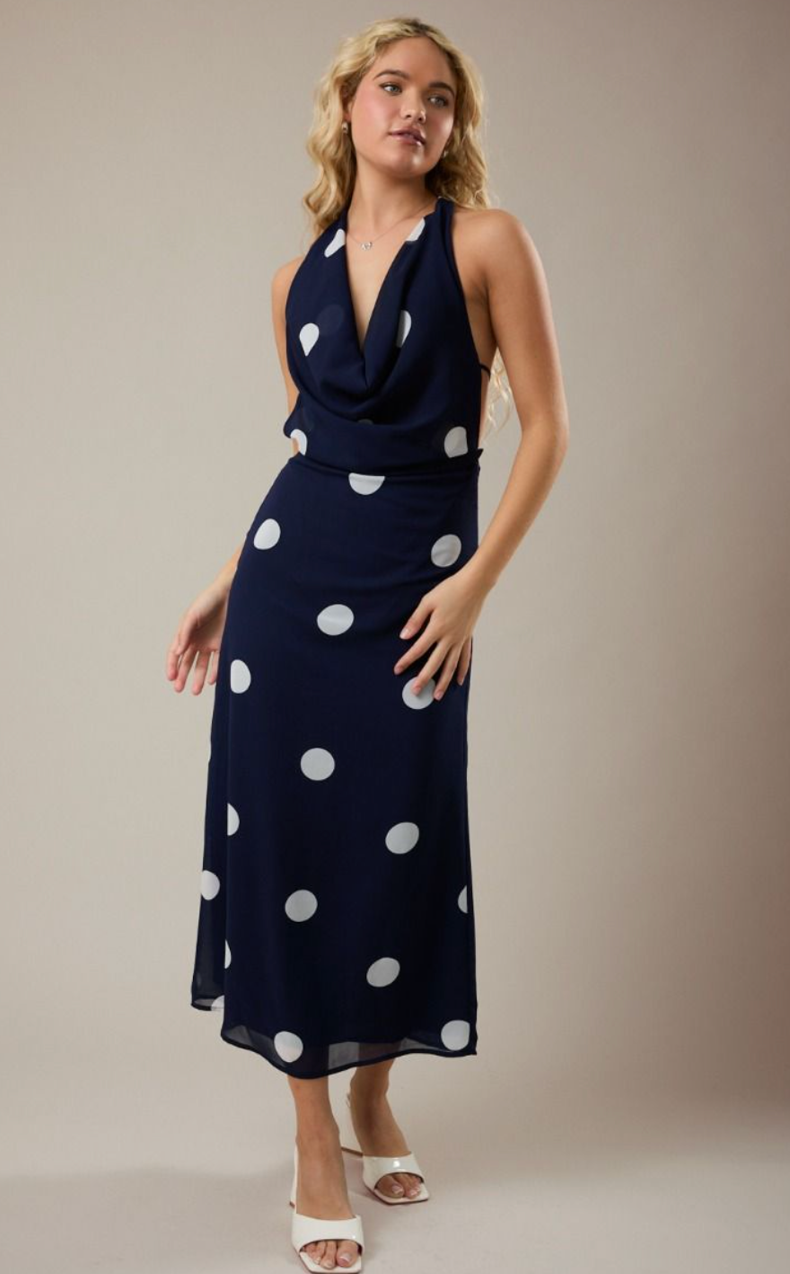 Navy Polka Dot Cowl Midi Dress
