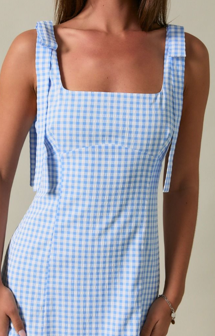 Blue Gingham Bow Shoulder Dress