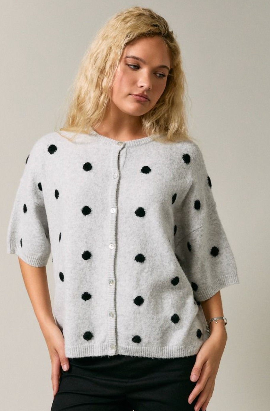 Polka Dot Crew Neck Cardigan Grey