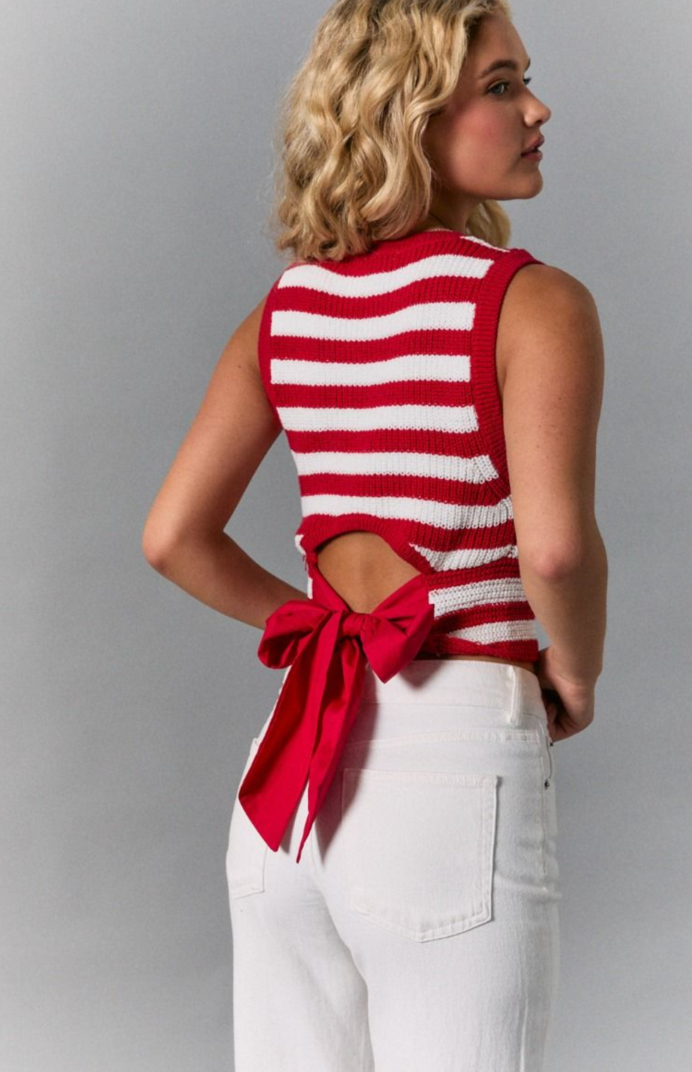 Tie Back Knit Tank Red Stripe