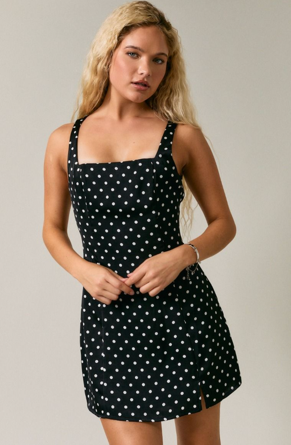 Satin Square Neck Dot Dress Black