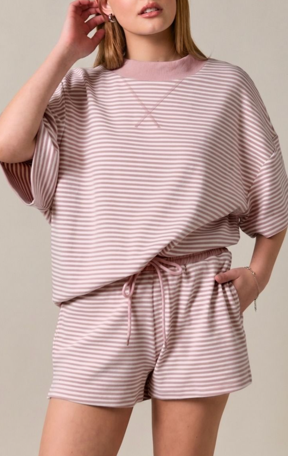 Mock Neck Stripe Top & Shorts Set of 2