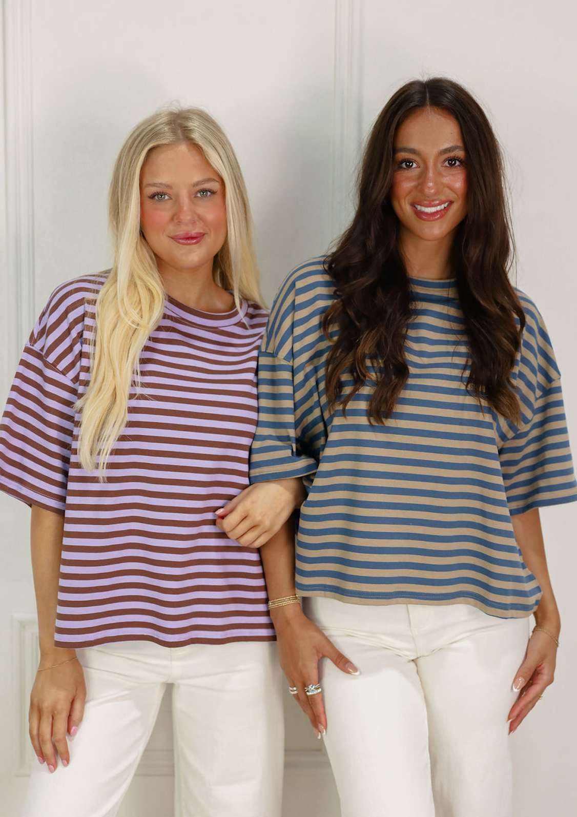 Oversized Boyfriend Stripe Tee Lilac/Brown - Clothe Boutique
