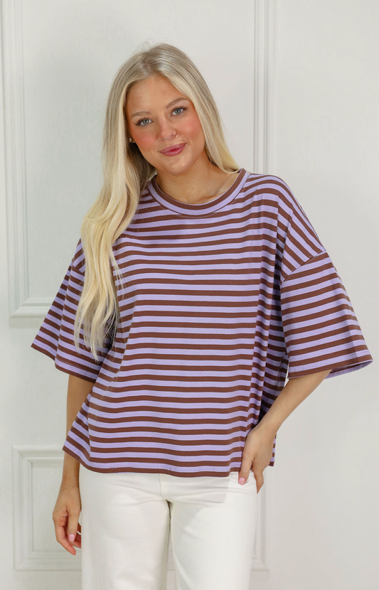 Oversized Boyfriend Stripe Tee Lilac/Brown - Clothe Boutique