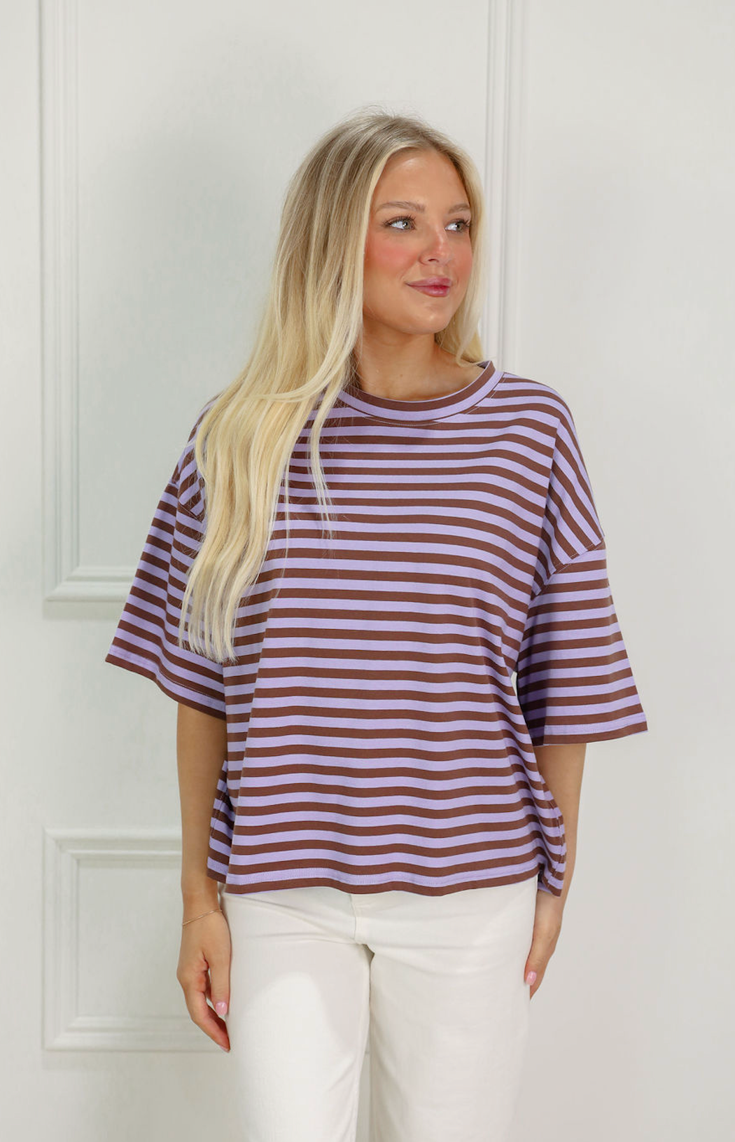 Oversized Boyfriend Stripe Tee Lilac/Brown - Clothe Boutique