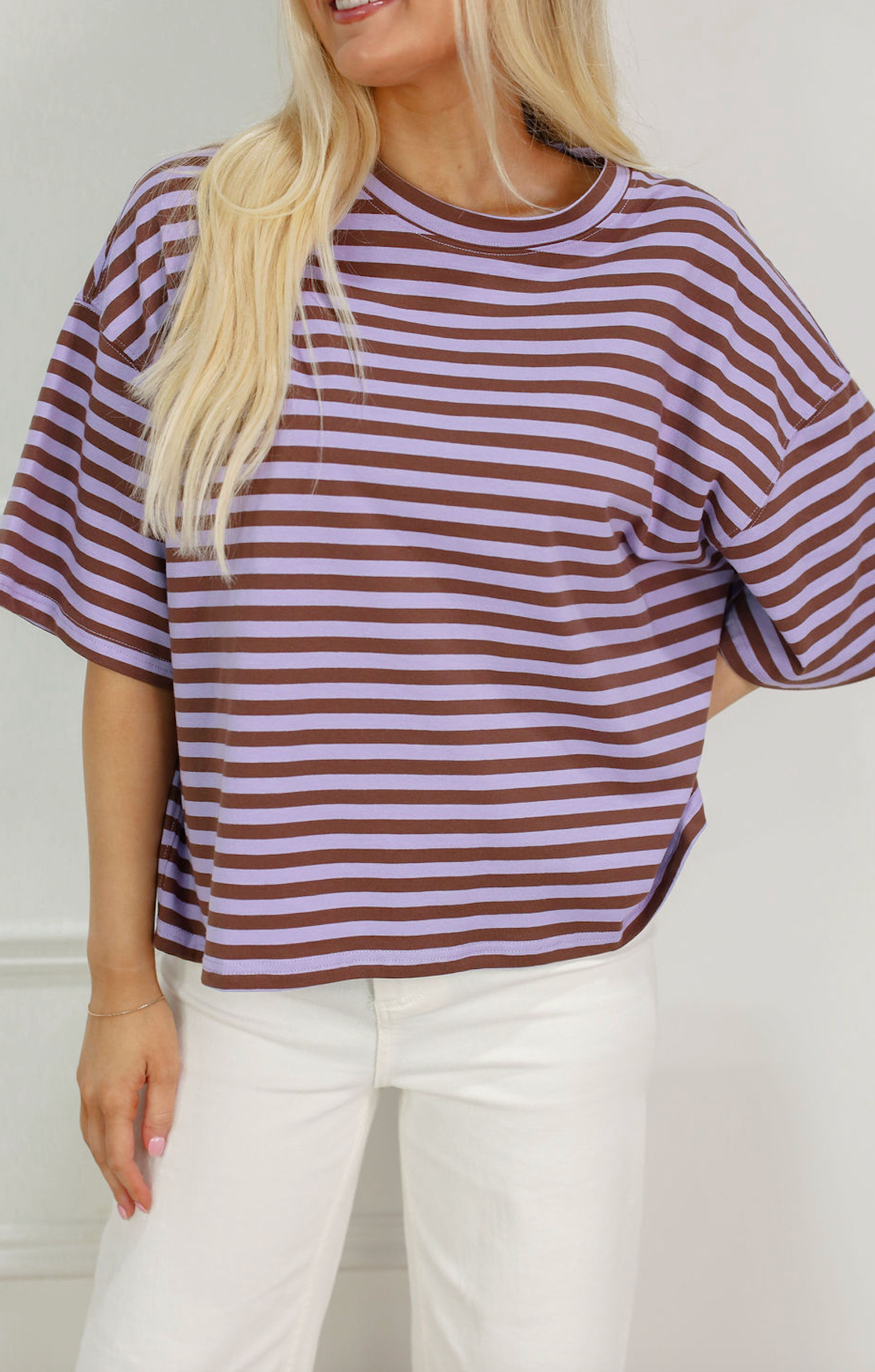 Oversized Boyfriend Stripe Tee Lilac/Brown - Clothe Boutique