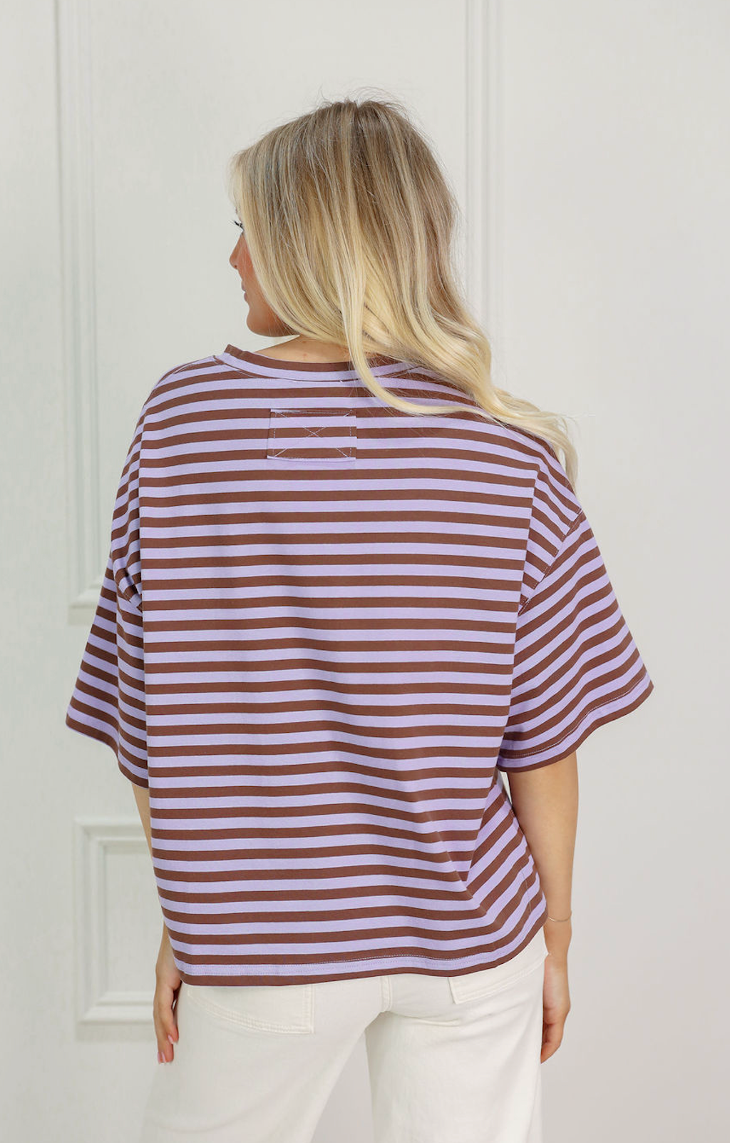 Oversized Boyfriend Stripe Tee Lilac/Brown - Clothe Boutique