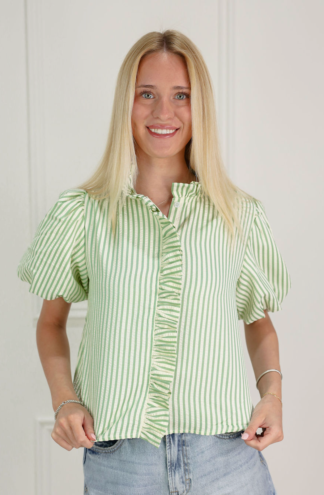 Seafoam Stripe Ruffle Blouse