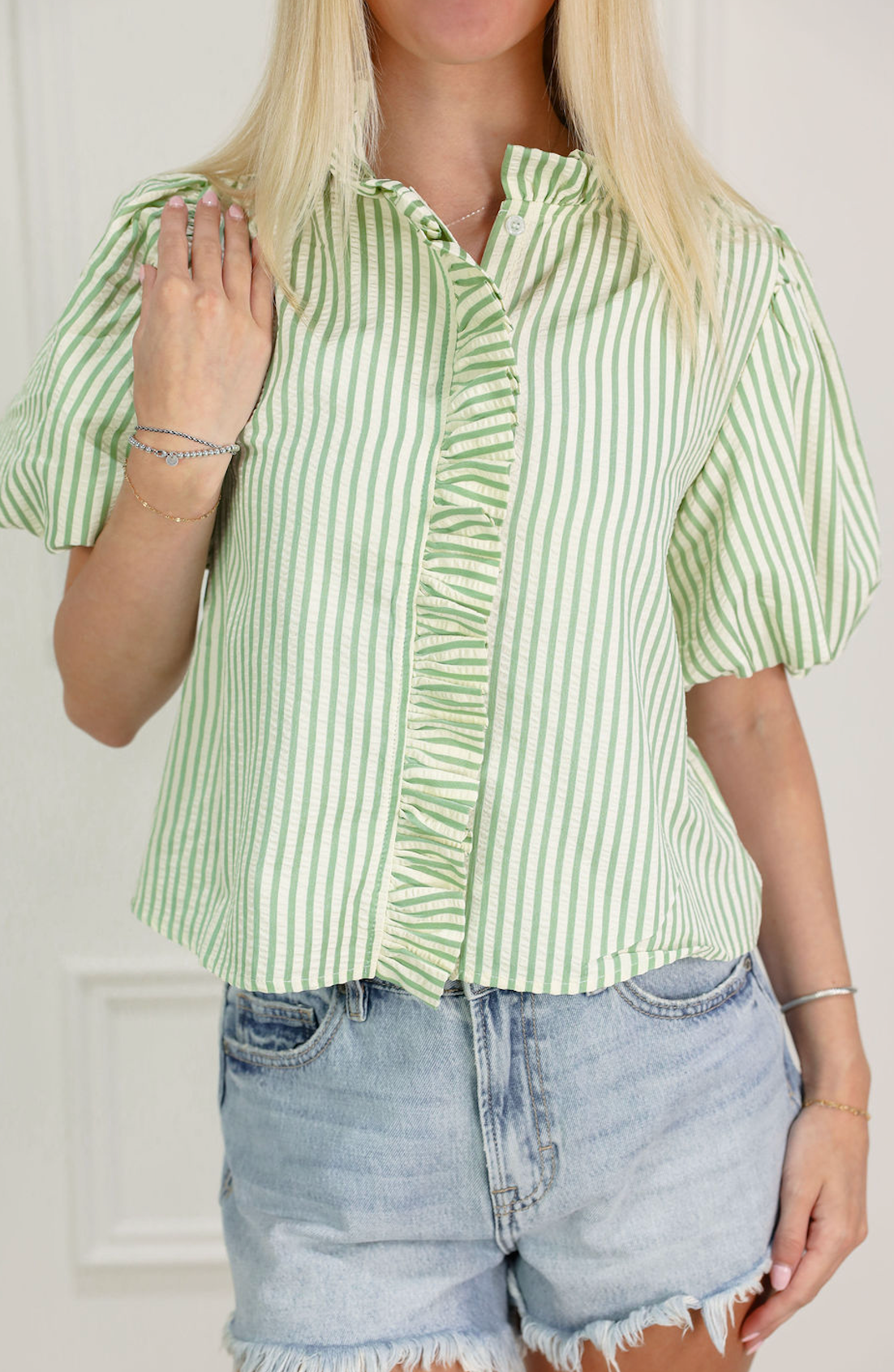 Seafoam Stripe Ruffle Blouse
