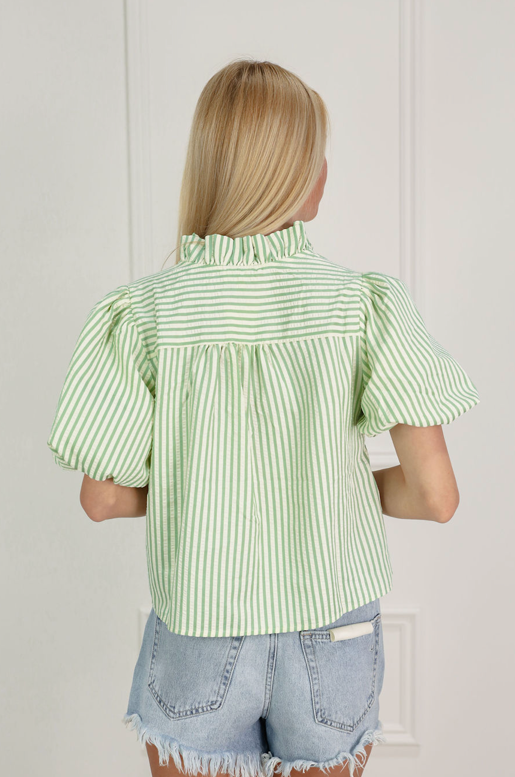 Seafoam Stripe Ruffle Blouse