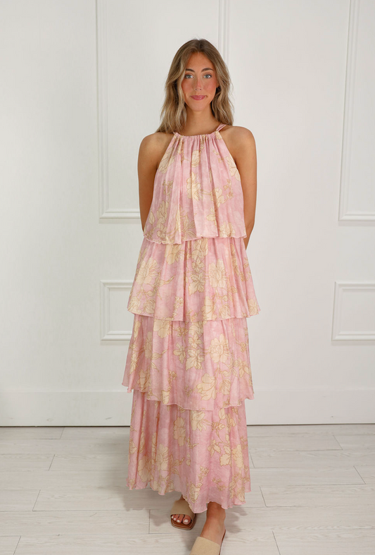 Pink Floral Ruffle Tiered Dress