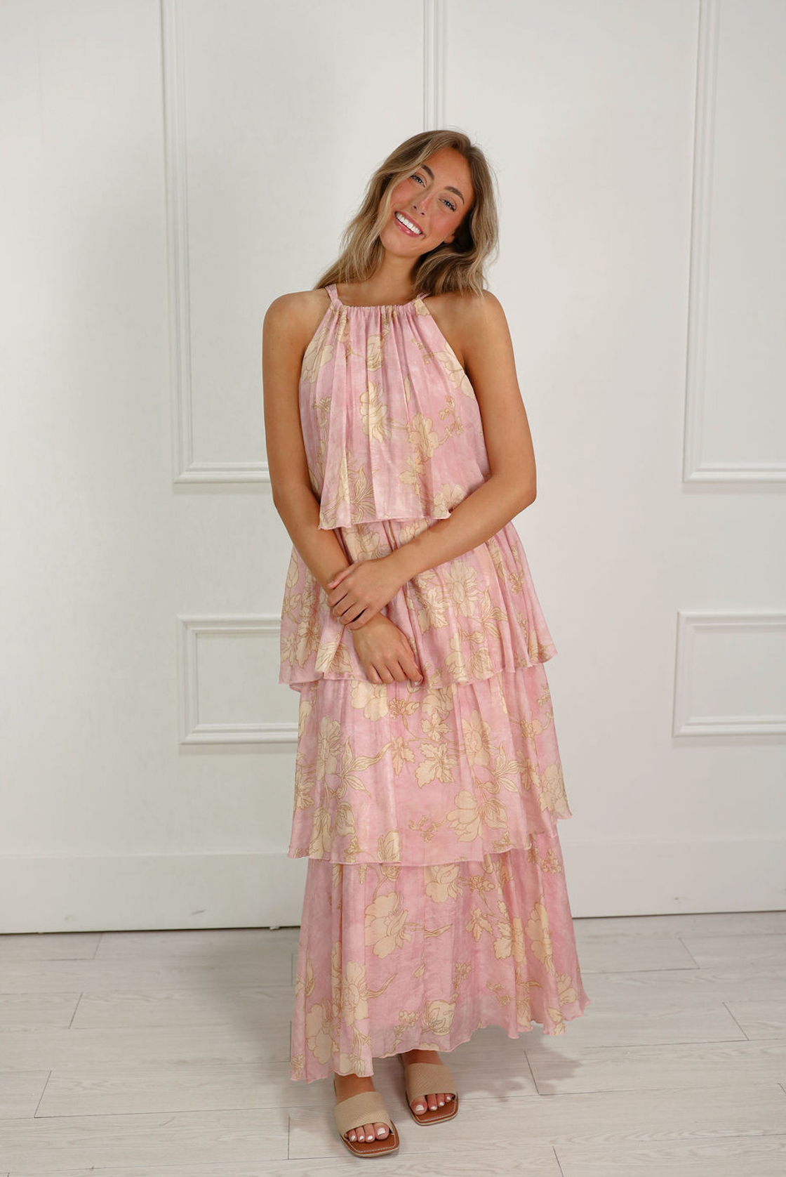 Pink Floral Ruffle Tiered Dress