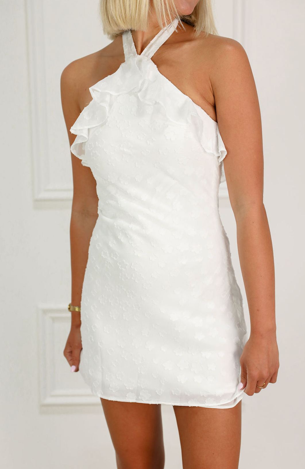 Halter Ruffle Trim Dress White