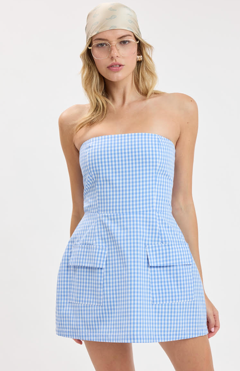 Front Pocket Strapless Gingham Dress Blue