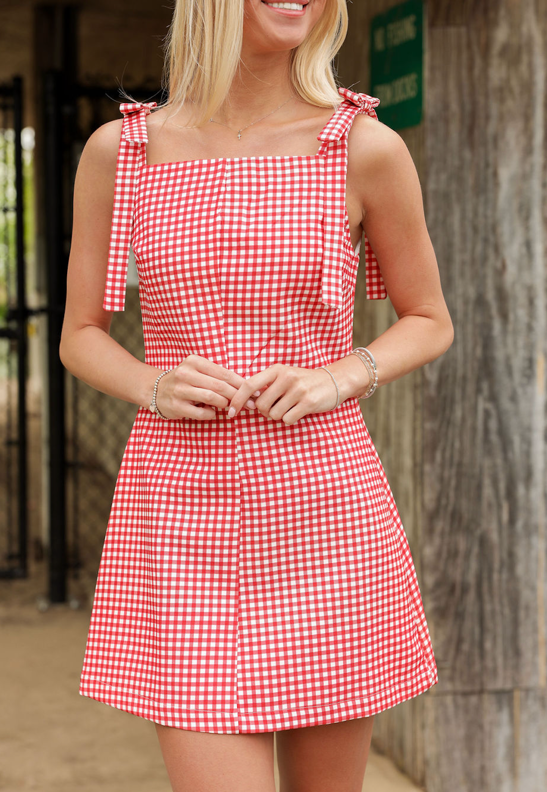 Red Gingham Shoulder Tie Dress