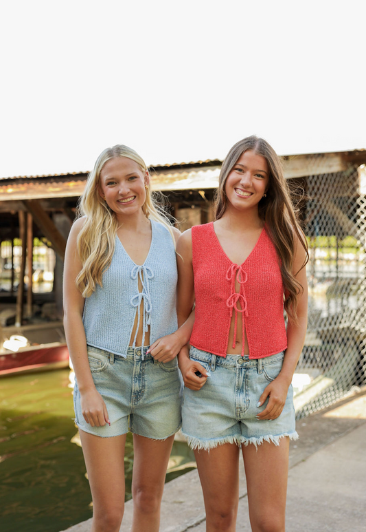 Double Tie Front Knit Tank Blue - Clothe Boutique