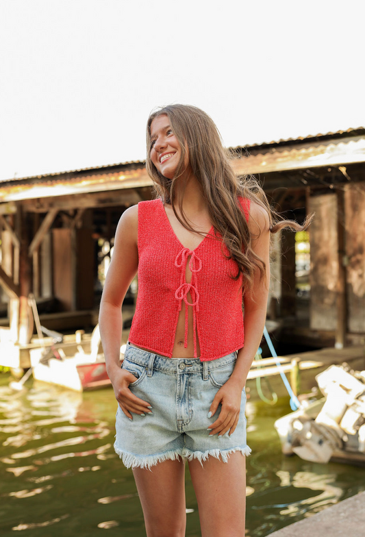 Double Tie Front Knit Tank Red - Clothe Boutique