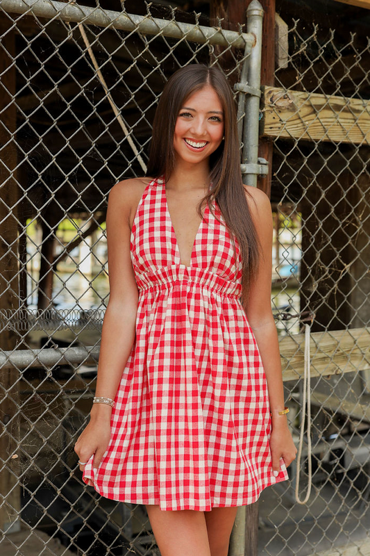 Halter Gingham Babydoll Dress Red