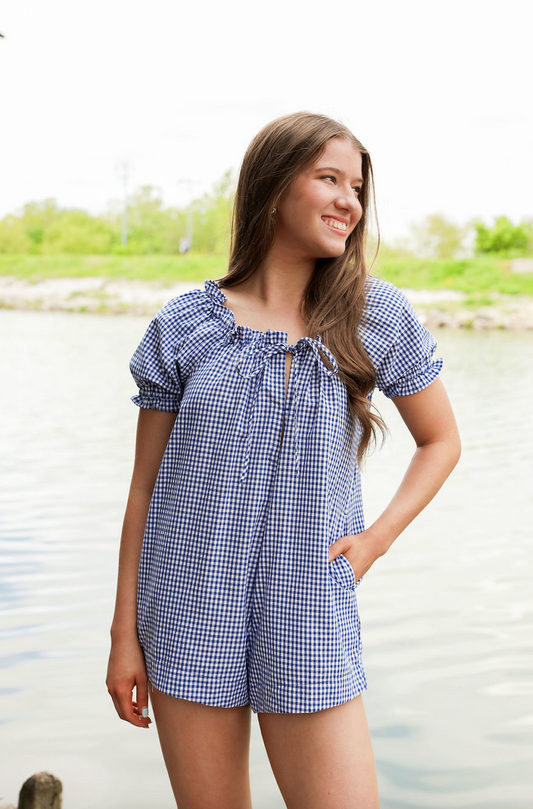 Gingham S/S Romper Blue - Clothe Boutique