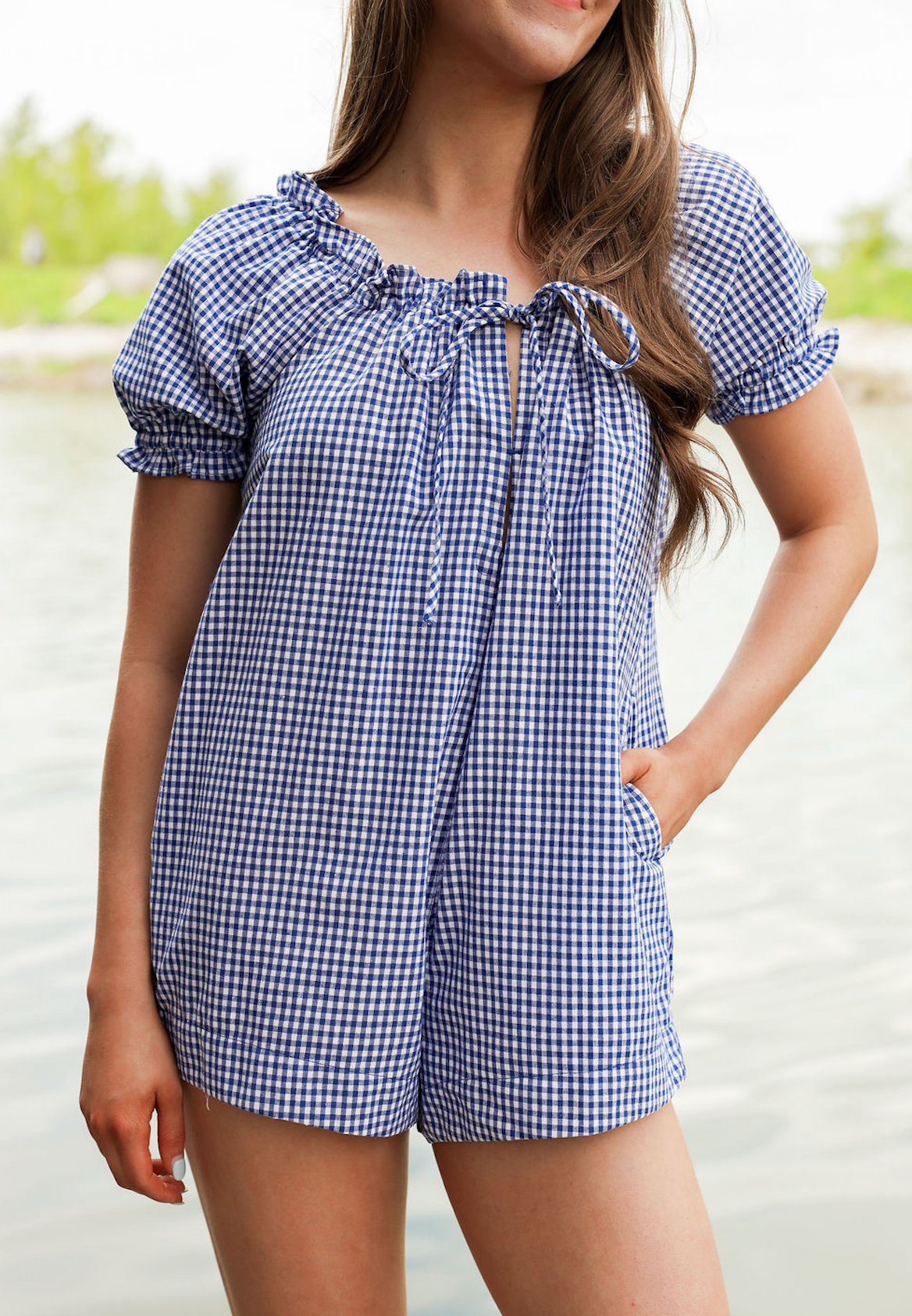Gingham S/S Romper Blue - Clothe Boutique