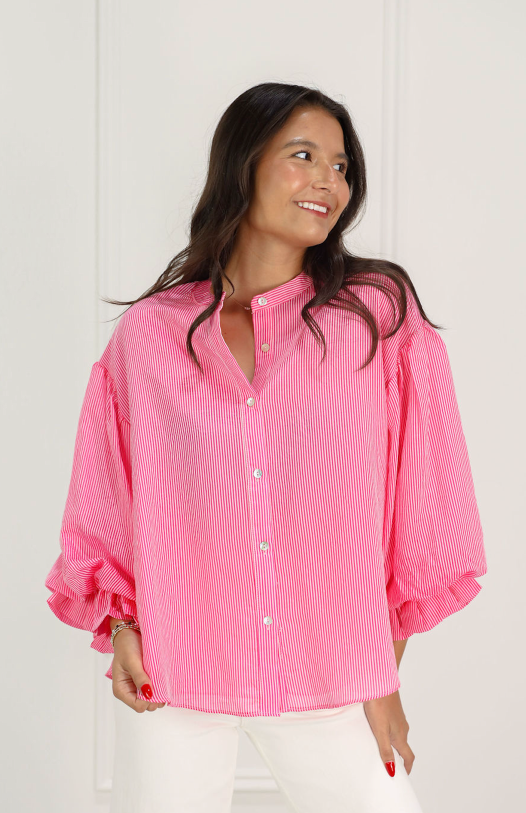 Pinstripe Bubble Sleeve Blouse Pink
