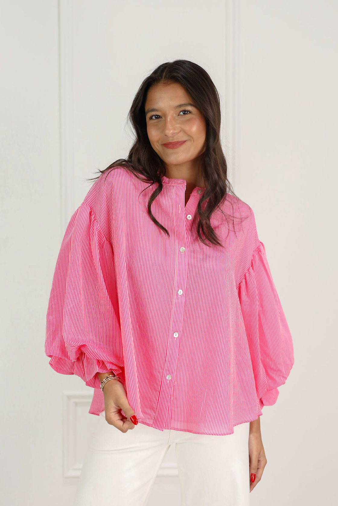 Pinstripe Bubble Sleeve Blouse Pink