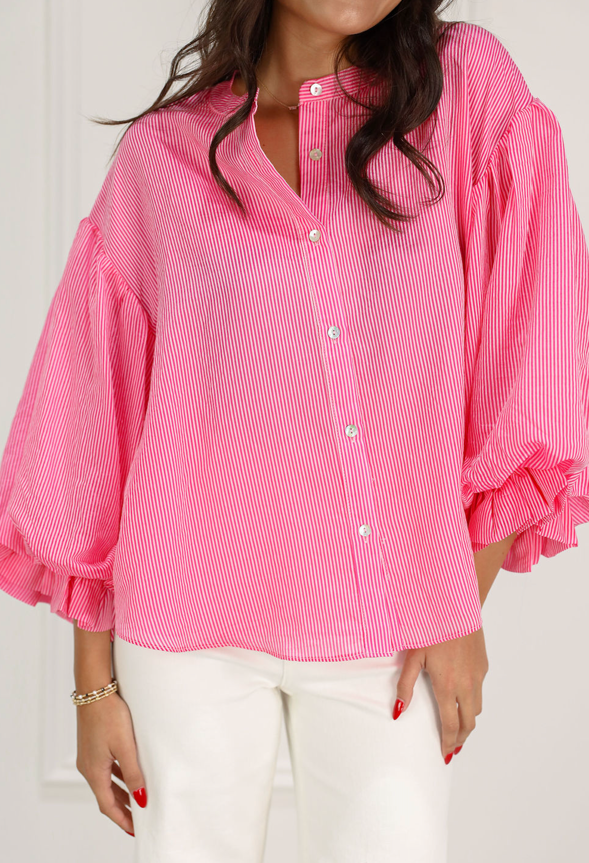 Pinstripe Bubble Sleeve Blouse Pink