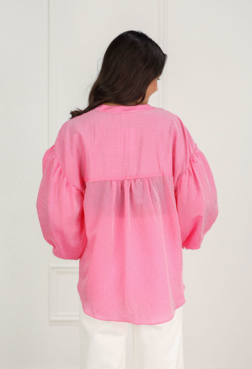 Pinstripe Bubble Sleeve Blouse Pink